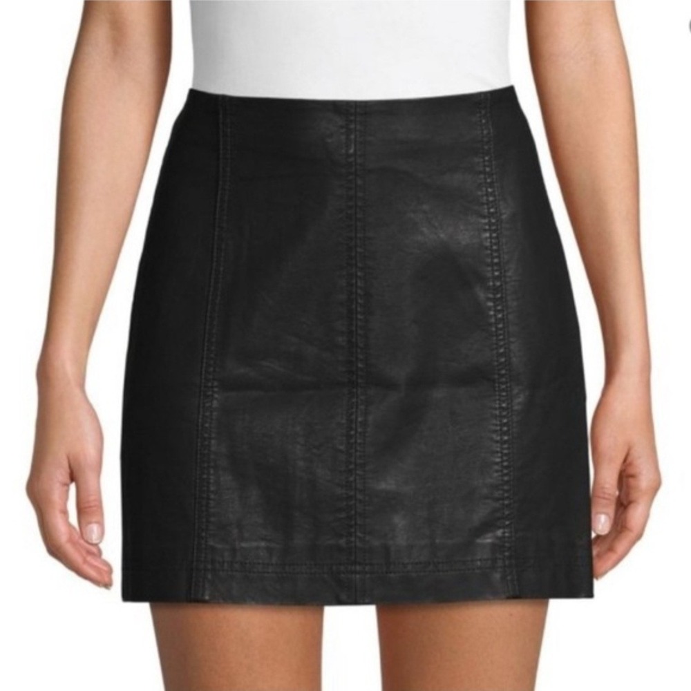 Free People Modern Femme Vegan Leather Mini Skirt Black Size 2 Seamed A-Line